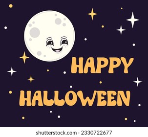 Halloween greeting card with drawn moon in groovy style