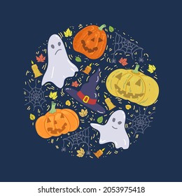 Halloween. Greeting card with elements in a circle, pumpkins, candle, hat, ghost, spider and cobweb. Template for design. Hand Drawn Vector illustration.
