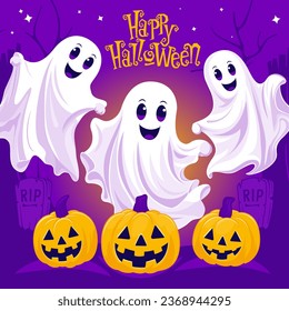 Halloween saluda elementos decorativos de tarjetas, fantasmas, calabazas, Jack O' Lantern sobre fondo morado. bonito fantasma, espíritu, fantasma, fantasma, visión, sombra, alma. Fantasma con cara divertida en Happy