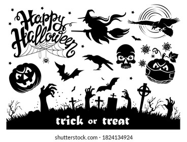 Halloween greeting card elements. Scary black and white pictures for the decoration of the holiday. Vector on transparent background