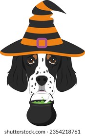 Halloween greeting card. English Setter dog dressed as a witch with black and orange hat, and a cauldry in the mouth