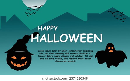 Halloween greeting card with evil pumpkins and ghost background house