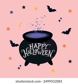 Halloween greeting card featuring a magical cauldron with bats, stars on a pink background. Design template  for party invitation, decoration, greeting cards, and festive event promotions.