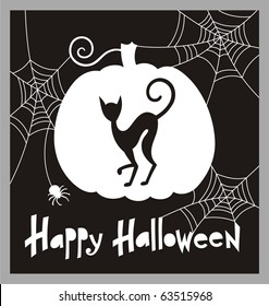 Halloween greeting card featuring a silhouette of a cat. Vector illustration