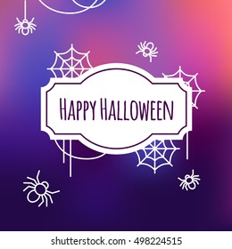 Halloween greeting card with flat outline icons. Vector Illustration. White outline icons on blur purple Backdrop. Halloween Concept.