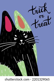 Halloween greeting card with Frankenstein the cat. Vector illustration of a Frankenstein the cat.