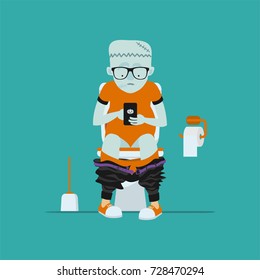 Halloween greeting card. Frankenstein hipster sits on  toilet bowl with phone in hands.   Stock vector illustration.