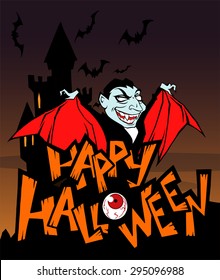 Halloween greeting card with funny cartoon vampire Dracula