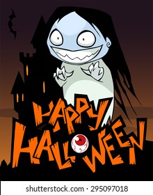 Halloween greeting card with funny cartoon ghost lady
