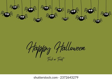 Halloween greeting card with funny hanging spiders. Vector