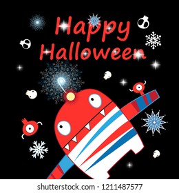 Halloween greeting card with a funny monster and skulls on a dark background