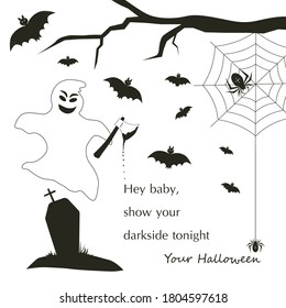 Halloween Greeting Card with Ghost and Bats