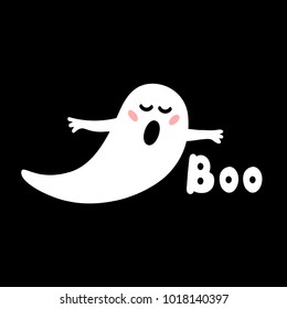 Halloween greeting card Ghost with blush speech "Boo". Doodles hand drawn illustration on black background.