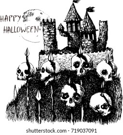 Halloween greeting card. Ghost castle, moon, skulls are illustrated.