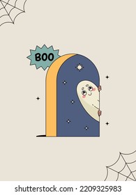 Halloween greeting card with ghost hiding. Cute vector with Boo quote and web on white background.
