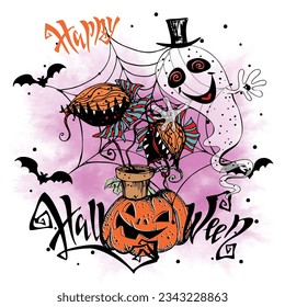 A Halloween greeting card. A ghost with a magic plant and a pumpkin. Vector