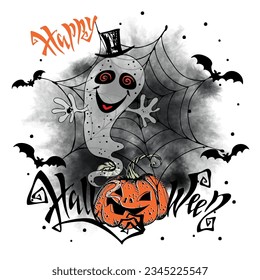 Halloween greeting card. A ghost with a pumpkin and bats. Vector