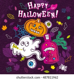 Halloween greeting card with ghost, pumpkin, eye, net and spider