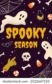 Halloween greeting card with ghosts, hand, spiderweb, candies and text Spooky season. Multicolored illustration in flat style. Trendy template with texture for poster, invitation, banner, cover.