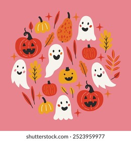 Halloween greeting card with ghosts, pumpkins, leaves and stars on pink background. Circle ornament. Perfect for seasonal holidays and decorations. Vector illustration