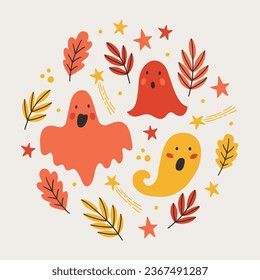 Halloween greeting card with ghosts, stars and autumn leaves on white background. Circle ornament. Perfect for seasonal holidays and decorations. Vector illustration