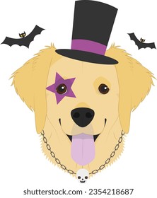 Halloween greeting card. Golden Retriever dog with top hat, chain necklace and a skull, and an eye tattoo