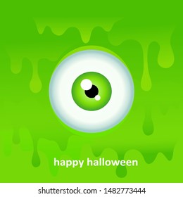 Halloween greeting card. Green monster's eye  and inscription happy halloween on  green slime background. Vector illustration