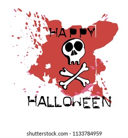 Halloween greeting card. Hand drawn skull and bones. Abstract hand painted grunge backgroung with spots and blots. Text Happy Halloween.