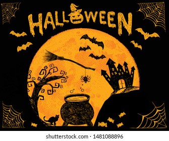 Halloween greeting card. Hand drawn illustrations.