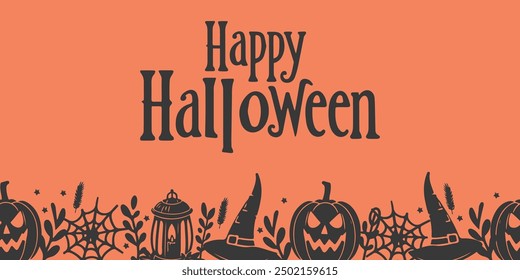 Halloween greeting card with hand drawn lettering. Vector illustration.