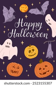 Cartão de saudação de Halloween com fantasmas desenhados à mão, abóboras e texto de caligrafia Feliz Halloween. Modelo para fundo, faixa, cartão, cartaz. Design bizarro para Halloween em fundo escuro.