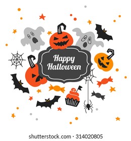 Halloween greeting card with hand drawn cartoon ghosts, pumpkins, spider, web, candy, bats, stars, cupcake. Perfect for holiday greetings, Halloween invitations, party decoration