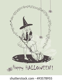 Halloween greeting card. Hand drawn Halloween poster with witch in black hat. Halloween vector illustration in vintage style.