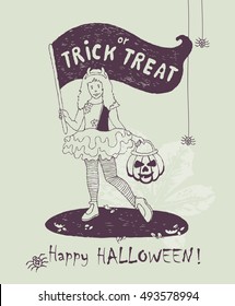 Halloween greeting card. Hand drawn Halloween poster with witch in black hat. Halloween vector illustration in vintage style.