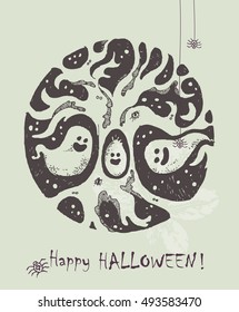 Halloween greeting card. Hand drawn Halloween poster with cute Halloween tree and ghosts. Halloween vector round illustration in vintage style.