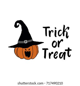 Halloween greeting card with hand drawn pumpkin in hat. Vector illustration.Design elements for Halloween event. Trick or treat lettering.