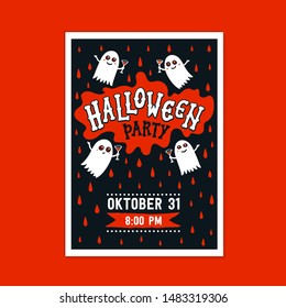 Halloween greeting card with handwritten calligraphy greetings and funny monsters. Flat style vector illustration on dark background