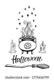 Halloween, greeting card with handwritten calligraphy and traditional symbols. Hand drawn magic tools, concept of witchcraft. Drawn magic tools: candles, cauldron, broom