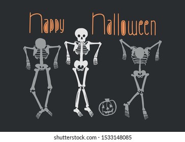 Halloween greeting card with handwritten lettering. Design with dancing skeletons on black background