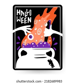 Halloween greeting card with handwritten text. Witch's hands throw ingredients into cauldron, hand-drawn in flat style. A potion is brewing in the cauldron. Illustration on black background.