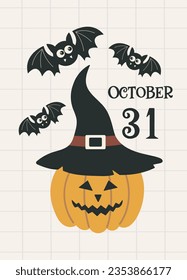 Halloween greeting card. Happy Halloween party vector illustration. Cute bats and pumpkin in a hat on a light background. October 31 inscription. Design for flyer, banner, poster templates.