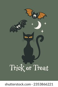 Halloween greeting card. Happy Halloween party vector illustration. Cute bats and black cat on a green background. Trick or Treat inscription. Design for flyer, banner, poster templates.