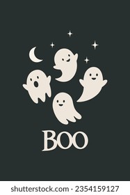 Halloween greeting card. Happy Halloween party vector illustration. Cute ghosts on a black background. Design for flyer, banner, poster templates.