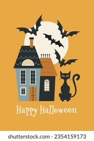 Halloween greeting card. Happy Halloween party vector illustration. Bats, black cat and Halloween mansion on a yellow background. Design for flyer, banner, poster templates.