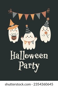 Halloween greeting card. Happy Halloween party vector illustration. Cute ghosts on a black background. Design for flyer, banner, poster templates.