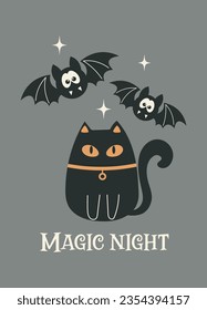 Halloween greeting card. Happy Halloween party vector illustration. Cute bats and black cat on a gray background. Magic night inscription. Design for flyer, banner, poster templates.