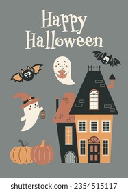 Halloween greeting card. Happy Halloween party vector illustration. Cute ghost, bats and gloomy mansion on a gray background. Design for flyer, banner, poster templates.