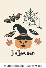 Halloween greeting card. Happy Halloween party vector illustration. Cute bats and pumpkin in a hat on a light background. Design for flyer, banner, poster templates.