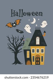 Halloween greeting card. Happy Halloween party vector illustration. Cute ghost, bats and gloomy mansion on a gray background. Design for flyer, banner, poster templates.