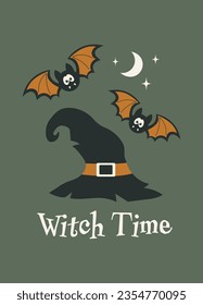 Halloween greeting card. Happy Halloween party vector illustration. Witch hat and cute bats on a green background. Witch time inscription. Design for flyer, banner, poster templates.